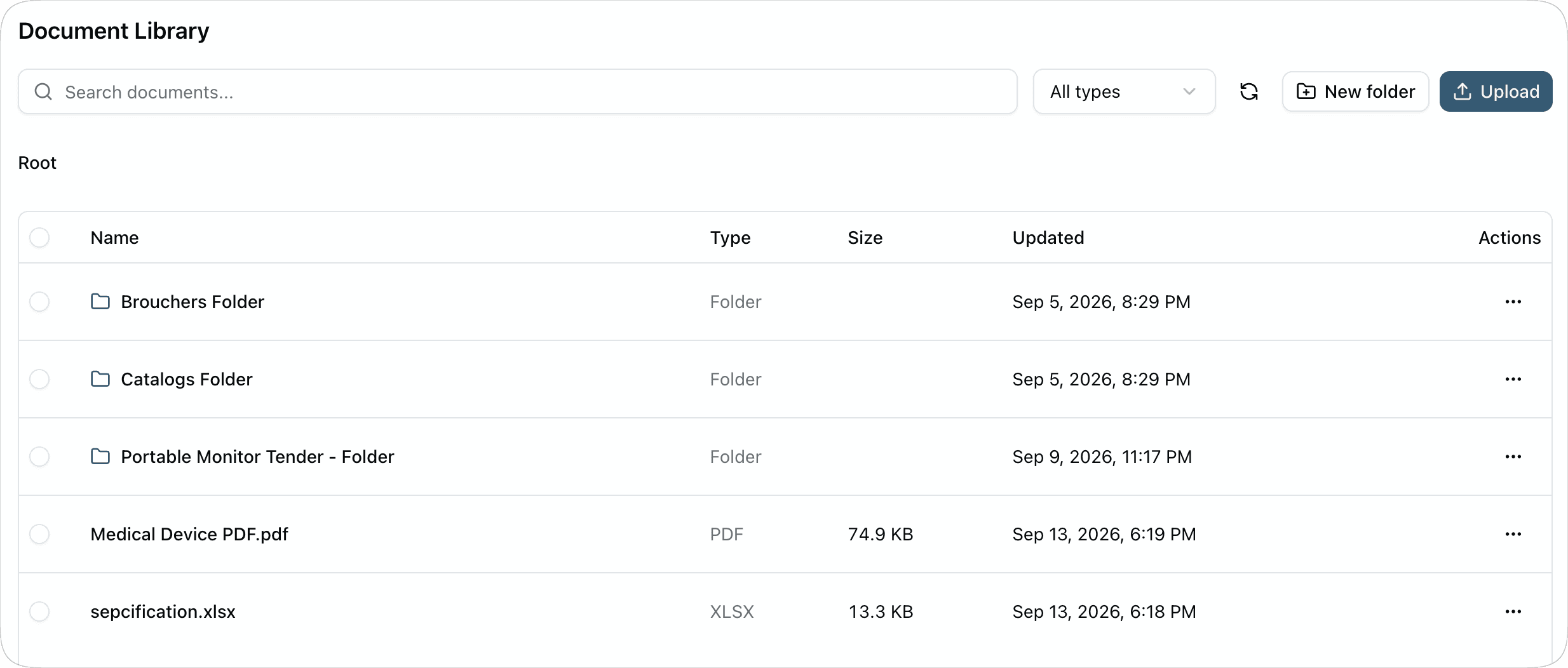 Specka’s document library with search, file type filters, folders, a product PDF, and a tender spreadsheet.