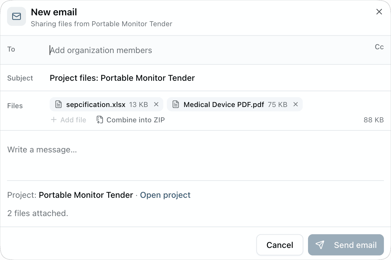 Specka’s email composer with a tender spreadsheet and product PDF attached, organisation recipients, and an option to combine files into a ZIP.