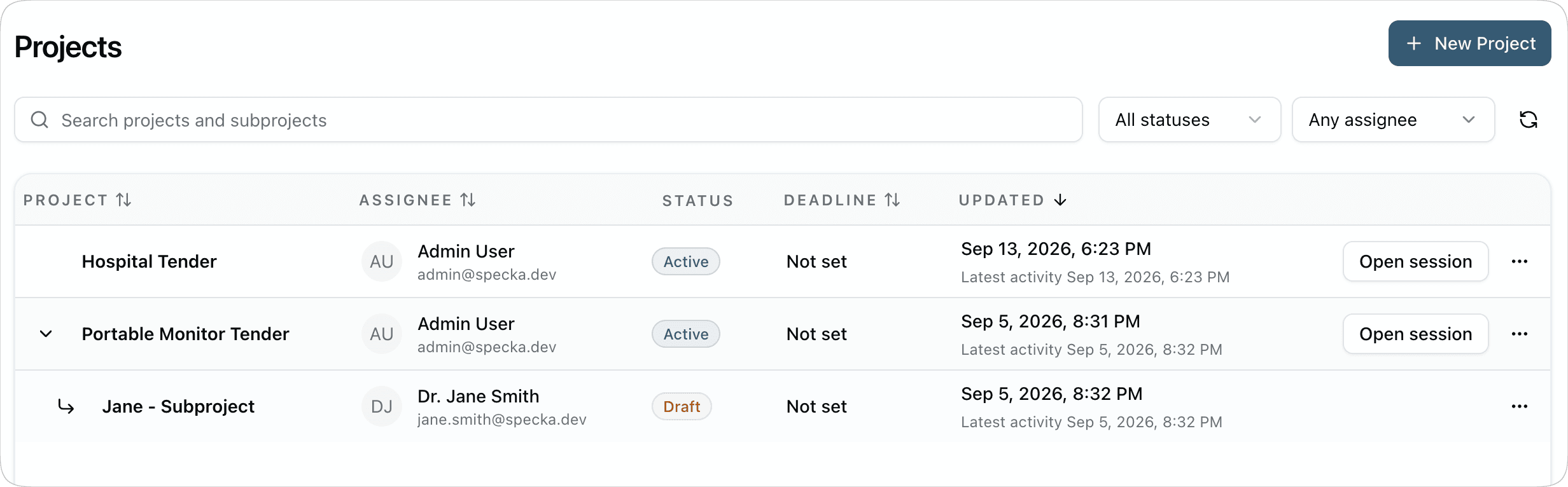 Specka’s projects overview showing tender projects and a subproject, with assignees, statuses, deadlines, and filters.