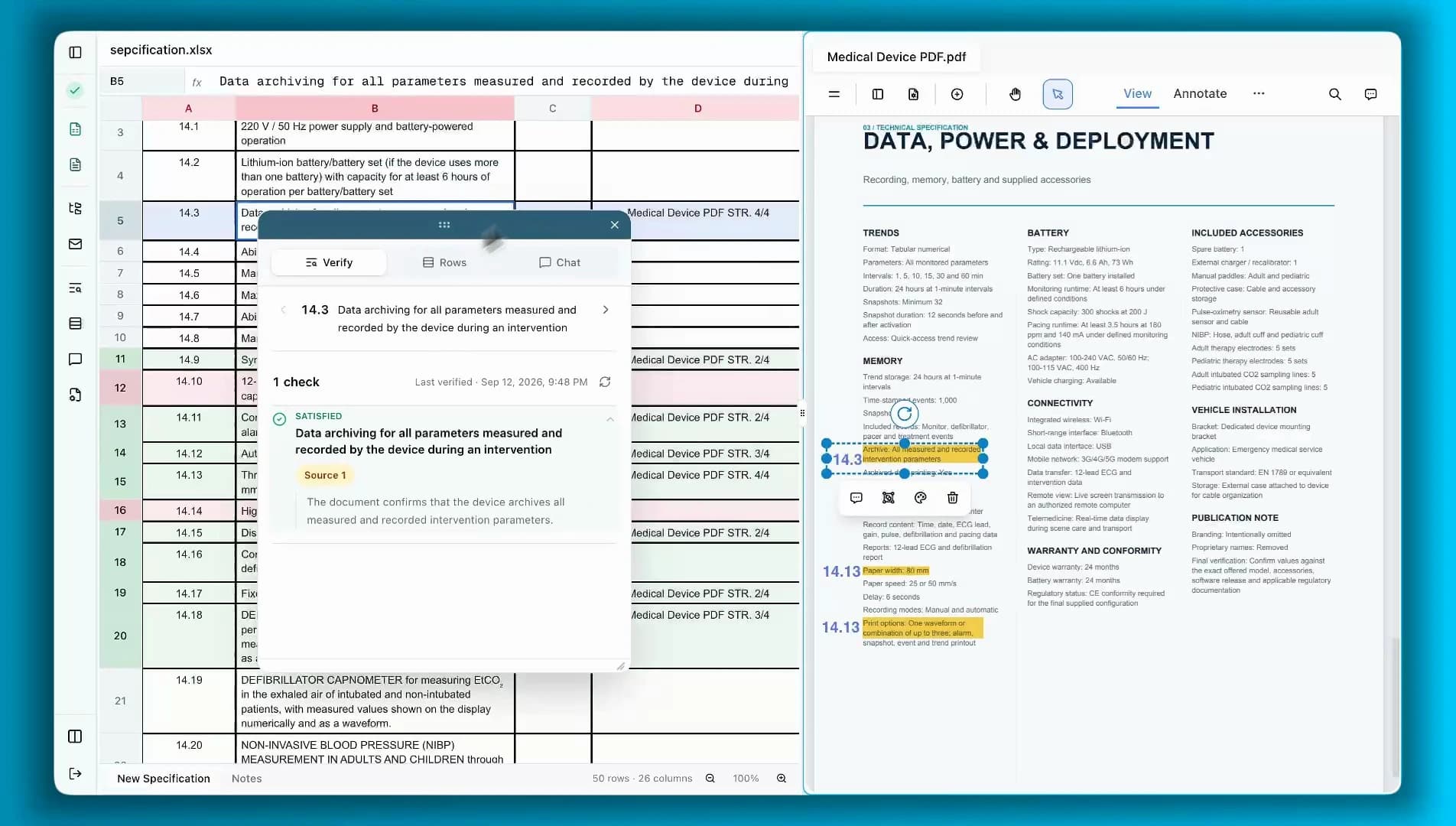 Requirement 14.3 verified, with highlighted PDF evidence and a page reference added to the spreadsheet.