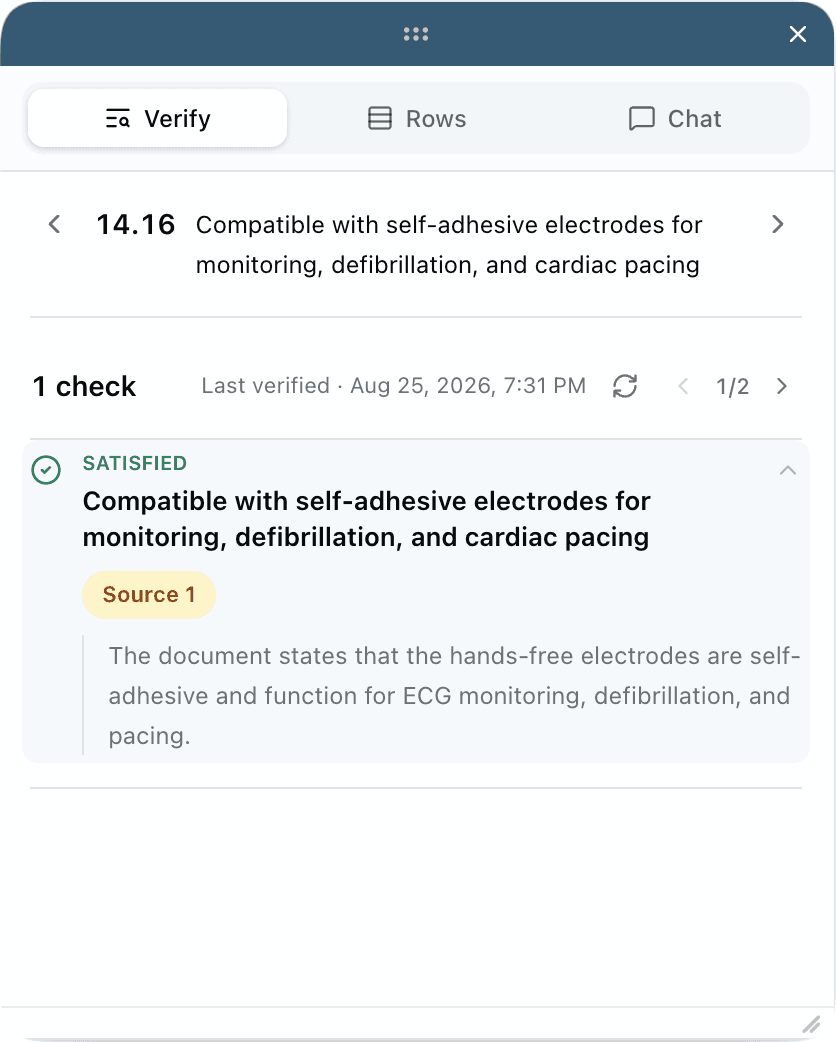 Specka marks requirement 14.16 as satisfied, with a source citation and an explanation confirming compatibility with self-adhesive electrodes for monitoring, defibrillation, and cardiac pacing.